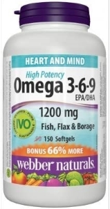 ОМЕГА 3-6-9 1200 mg 150 софтгел капс. Webber Naturals Omega 3-6-9 High Potency Fish Flax & Borage