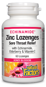 ВЪЗПАЛЕНО ГЪРЛО таблетки за смучене с вкус на цветен мед x 60    Natural Factors ECHINAMIDE® Sore Throat Relief Honey Blossom