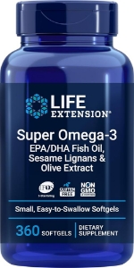 Супер Омега-3 лигнан от сусам и екстракт от маслина  120 софтгел капс.   Life Extension  Super Omega-3 EPA/DHA Fish Oil, Sesame Lignans & Olive Extract